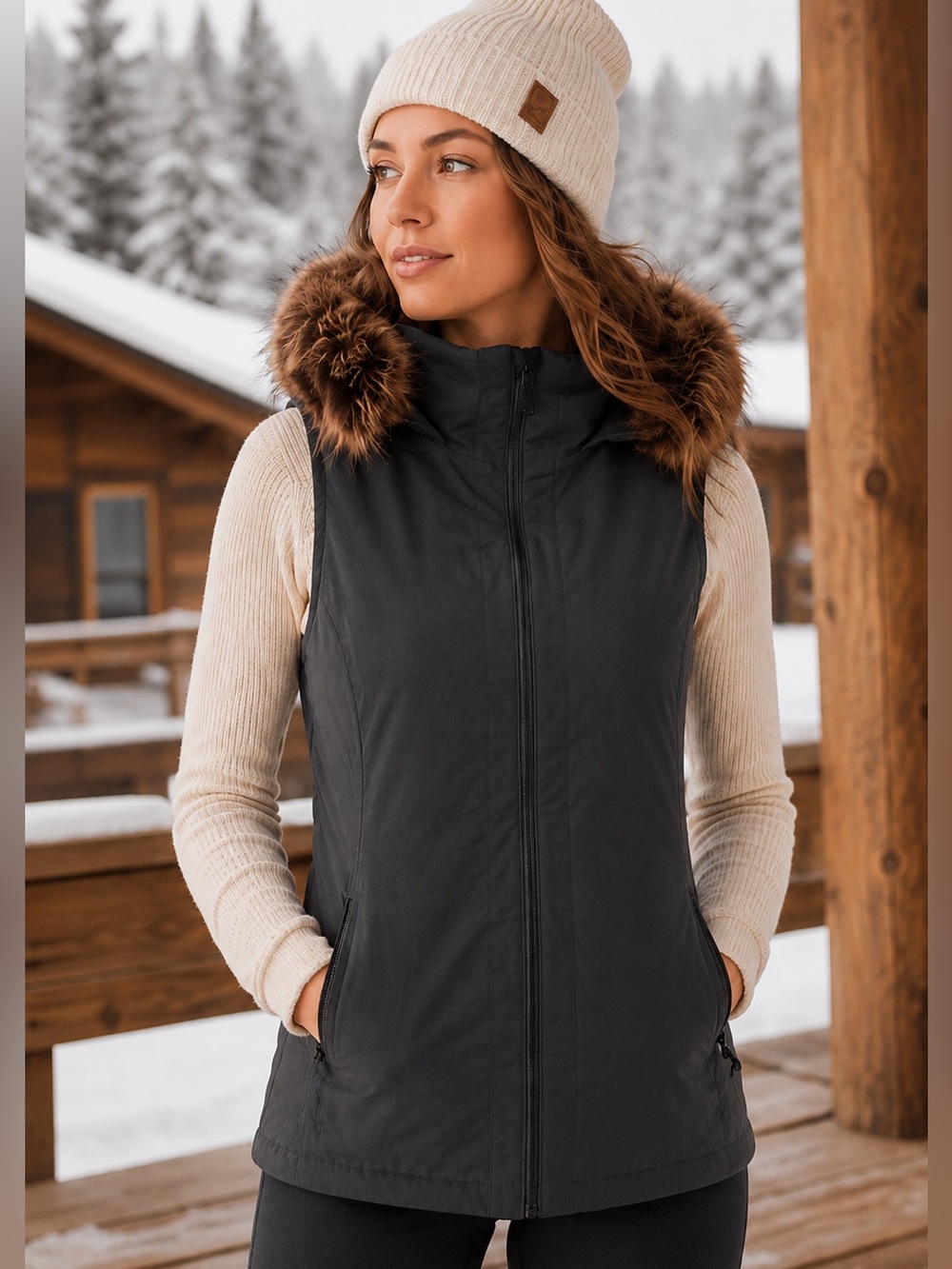 Volcom Snowboard Vest Insulated Hooded Faux Fur Vest Charcoal Black Size Medium